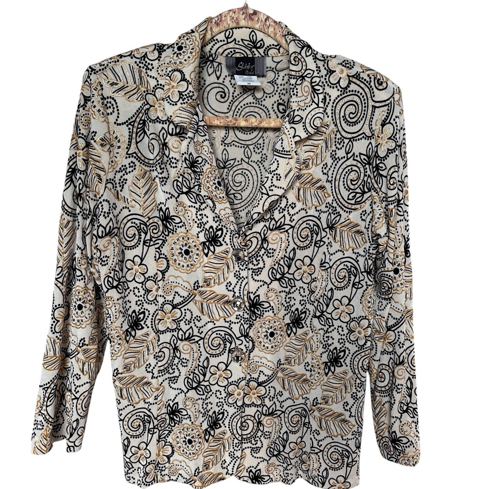 Slinky Brand Paisley Floral Blouse Top Extra Small Button Long Sleeve Beige USA